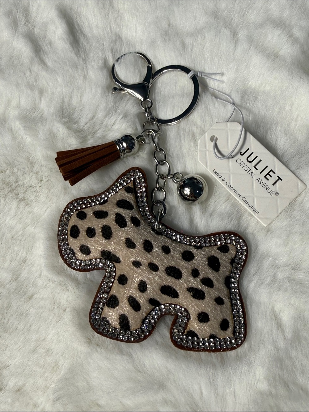 Juliet Crystal Avenue Leopard Dog Charm Keychain - Beige/Brown